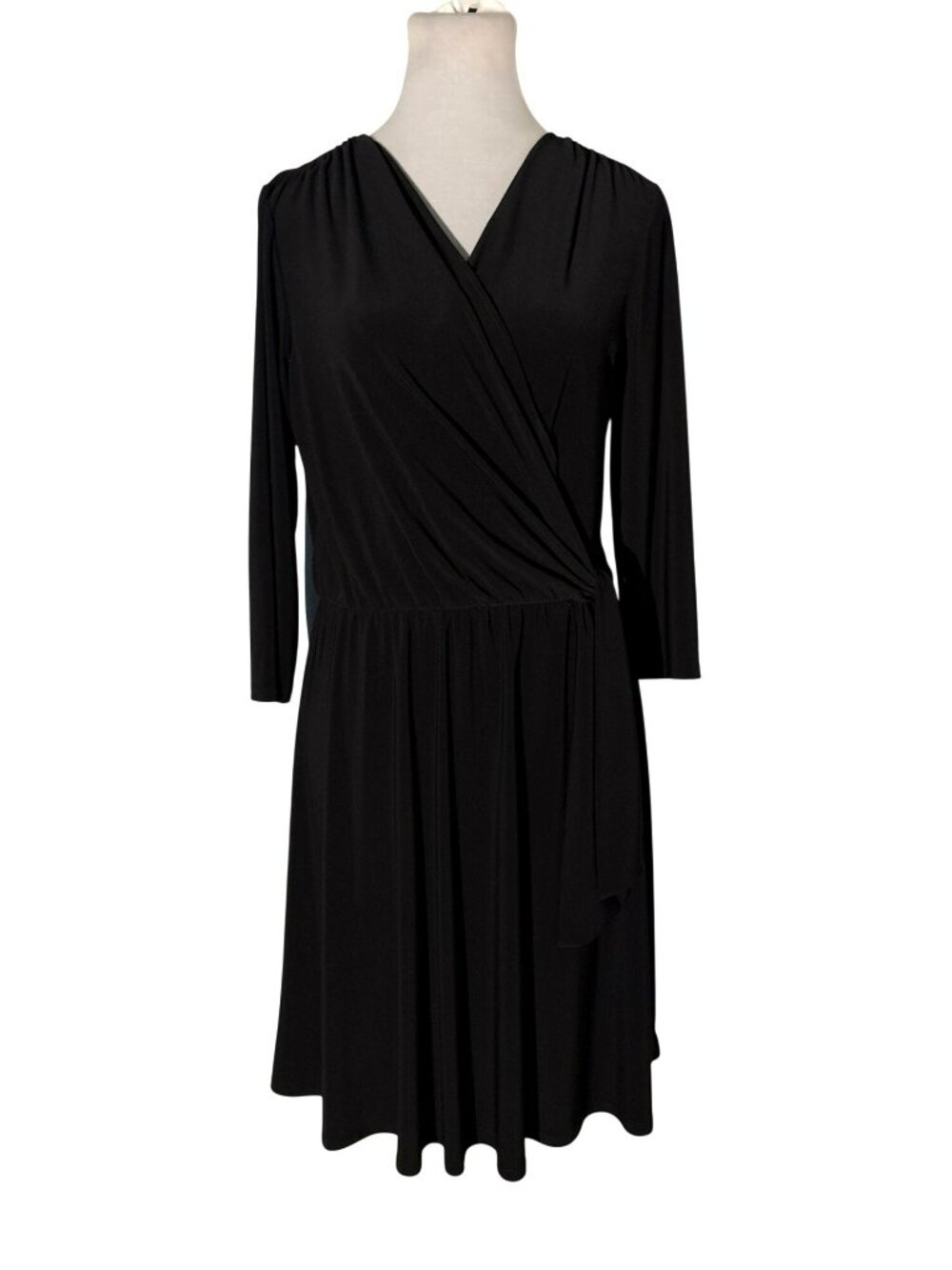 Nik And Nash Black Faux Wrap 3/4 Sleeves Knee Length Elastic Waist Dress Size M